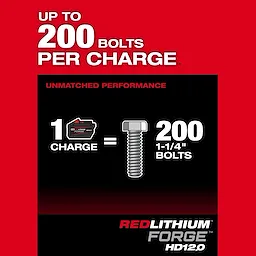 A promotional image for M18 FUEL™ 1" D-Handle High Torque Impact Wrench w/ ONE-KEY™. It highlights "Up to 200 bolts per charge" with an illustration showing one charge of a REDLITHIUM™ FORGE HD12.0 battery equals fastening 200 1-1/4" bolts, emphasizing unmatched performance.