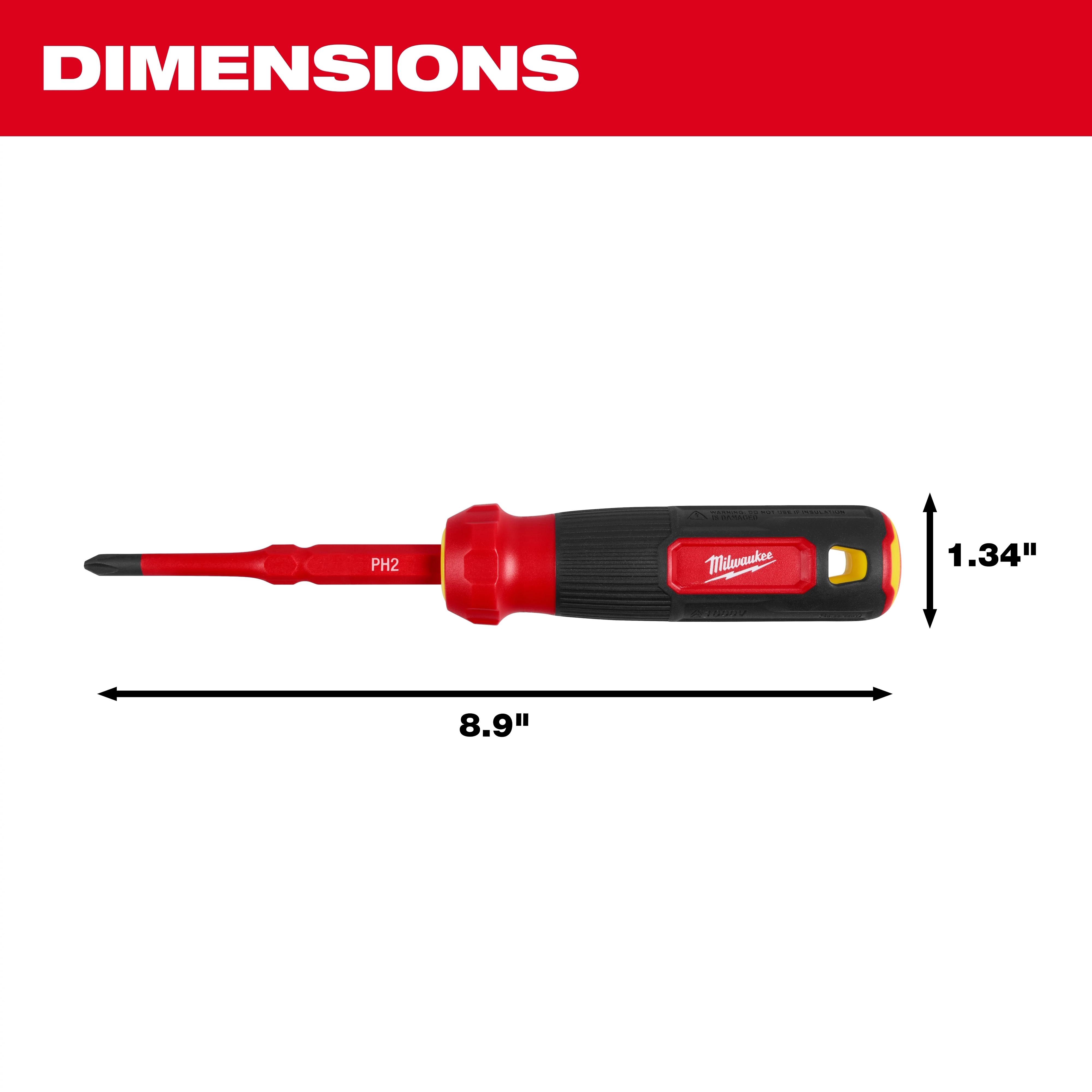 2-in-1 1000V Insulated Flip Shank Multi-Bit Screwdriver with dimensions of 8.9 inches in length and 1.34 inches in diameter.