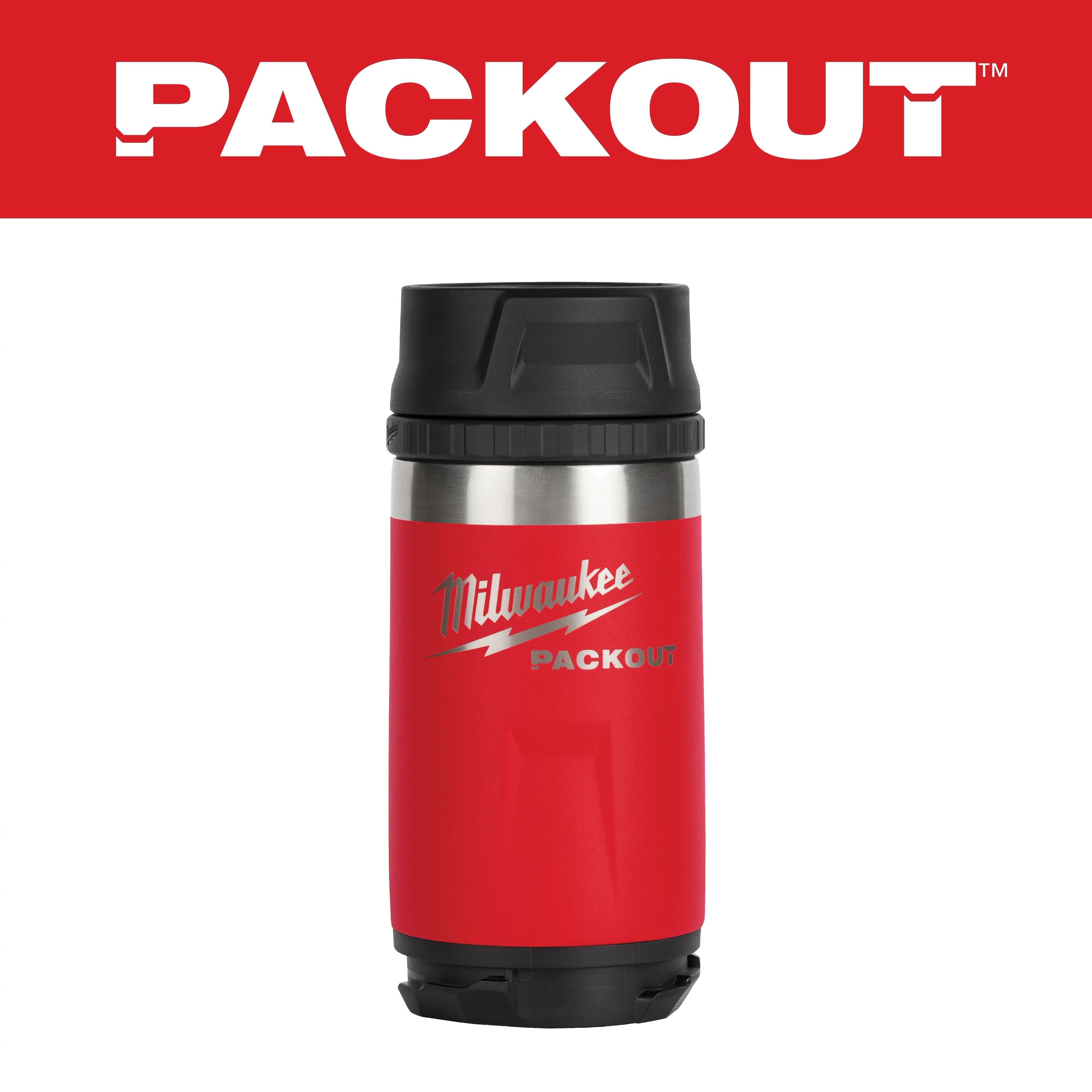 PACKOUT 12oz Insulated Bottle with Sip Lid features a red and stainless steel design with a black sip lid, shown against a white background.