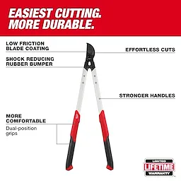This image shows a 2" Lopper with features labeled: low friction blade coating for effortless cuts, shock reducing rubber bumper, stronger handles, and dual-position grips for more comfort. The text at the top reads "Easiest Cutting. More Durable." A limited lifetime warranty badge is at the bottom right.