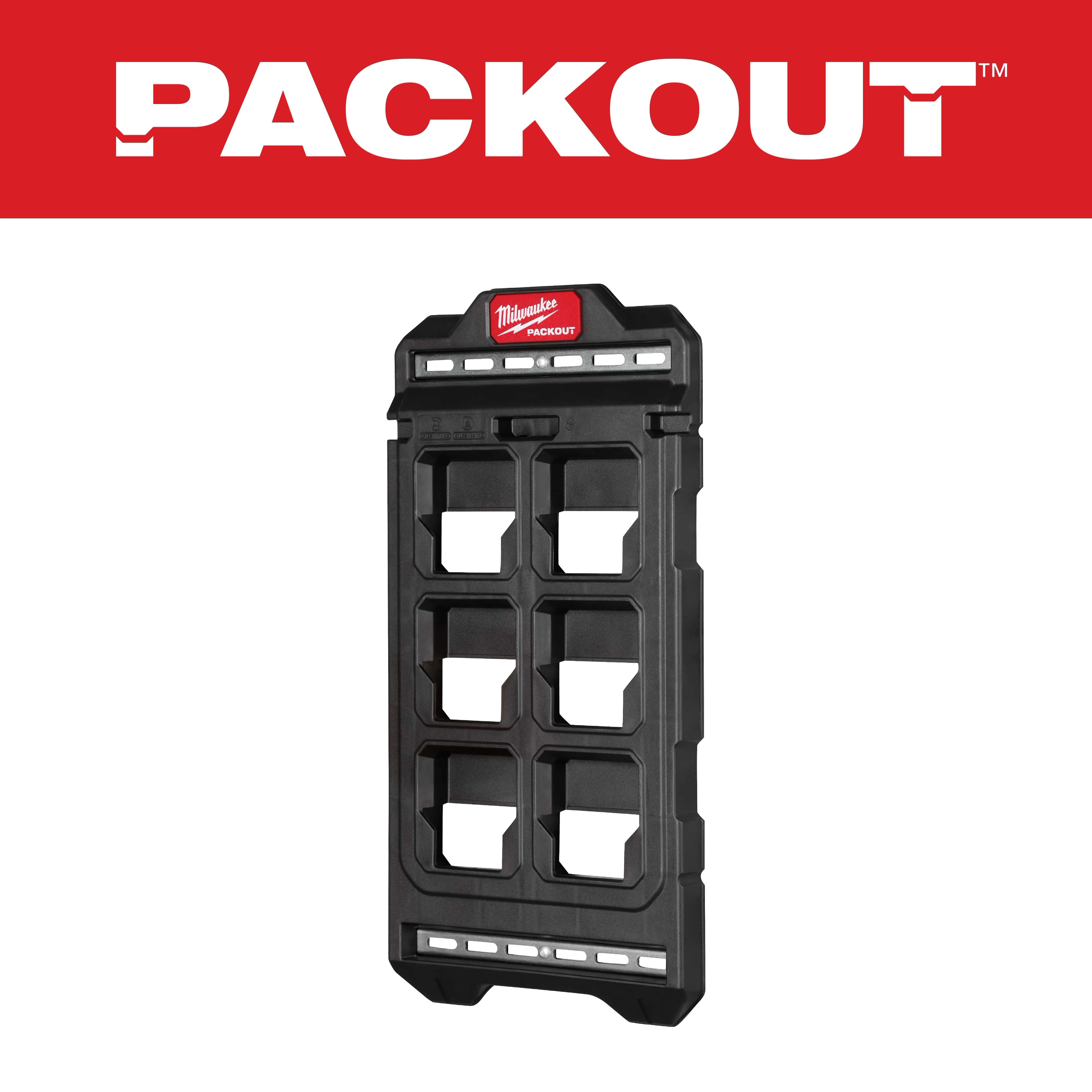 PACKOUT Compact Wall Plate is a black, modular storage panel with multiple slots, designed for tool organization and easy access.