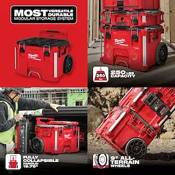 PACKOUT Rolling Tool Box is shown in various settings, displaying its 250 lbs capacity, fully collapsible handle, and 9-inch all-terrain wheels.