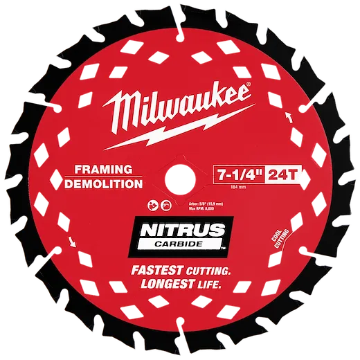 Image of a red 7-1/4” 24T NITRUS™ CARBIDE Framing & Demolition Circular Saw Blade. The blade features the Milwaukee logo, the words "Framing Demolition," and labels for "Fastest Cutting. Longest Life." The saw teeth are silver, and there are rectangular cutouts along the blade.