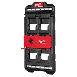 Black and red PACKOUT Compact Wall Plate with multiple mounting slots and hooks for tool organization and storage.