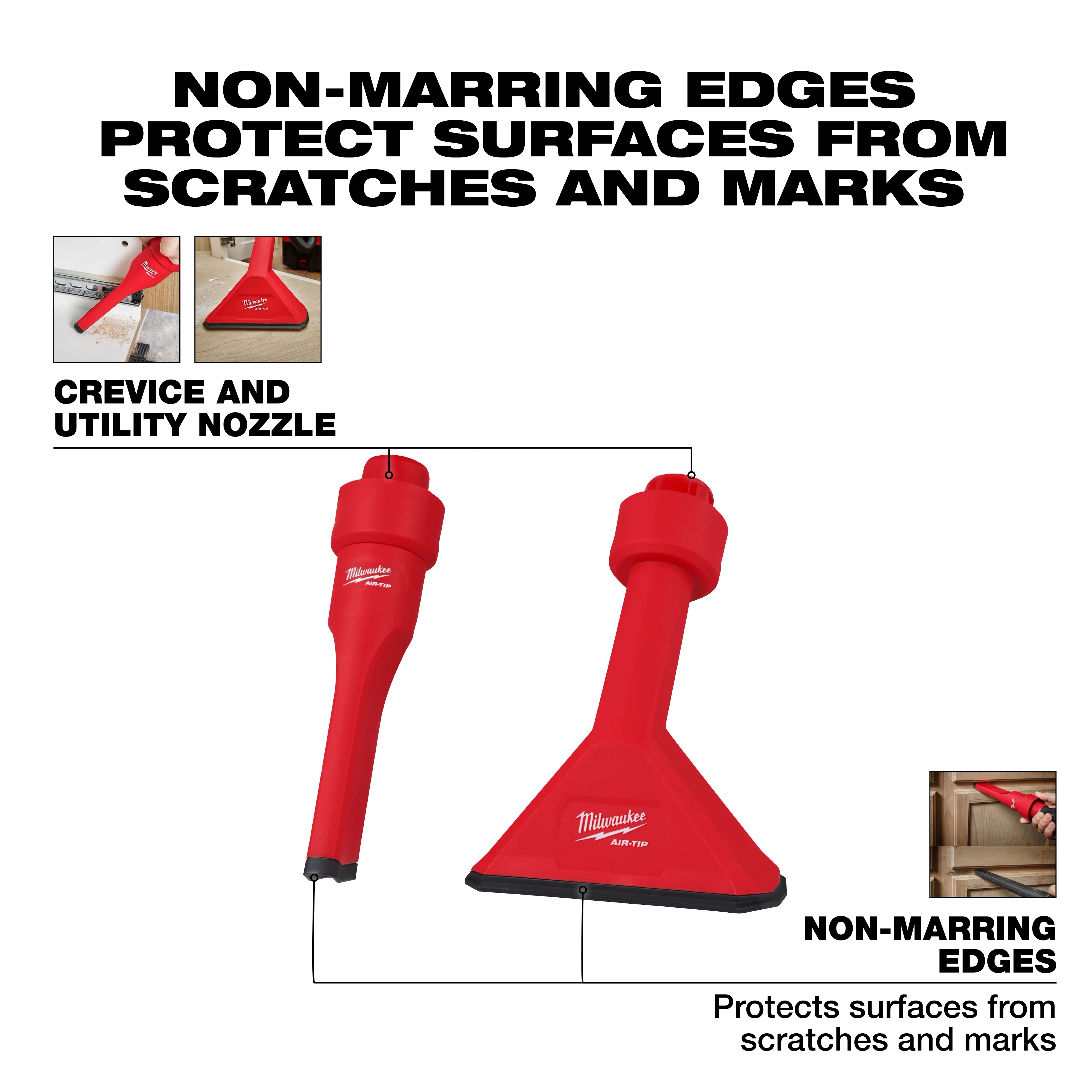 Image of the AIR-TIP™ Non-Marring Utility Nozzle Kit featuring a red crevice nozzle and utility nozzle. The text highlights the non-marring edges that protect surfaces from scratches and marks. Smaller images show the nozzles in use and emphasize their protective capabilities.