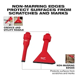 Image of the AIR-TIP™ Non-Marring Utility Nozzle Kit featuring a red crevice nozzle and utility nozzle. The text highlights the non-marring edges that protect surfaces from scratches and marks. Smaller images show the nozzles in use and emphasize their protective capabilities.