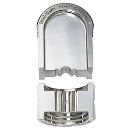 #236 Aluminum U Style Die, featuring two shiny, metallic components designed for crimping aluminum materials. The upper part is labeled "EXACT" and "#6 AWG AL," while the lower part has a curved inner surface.