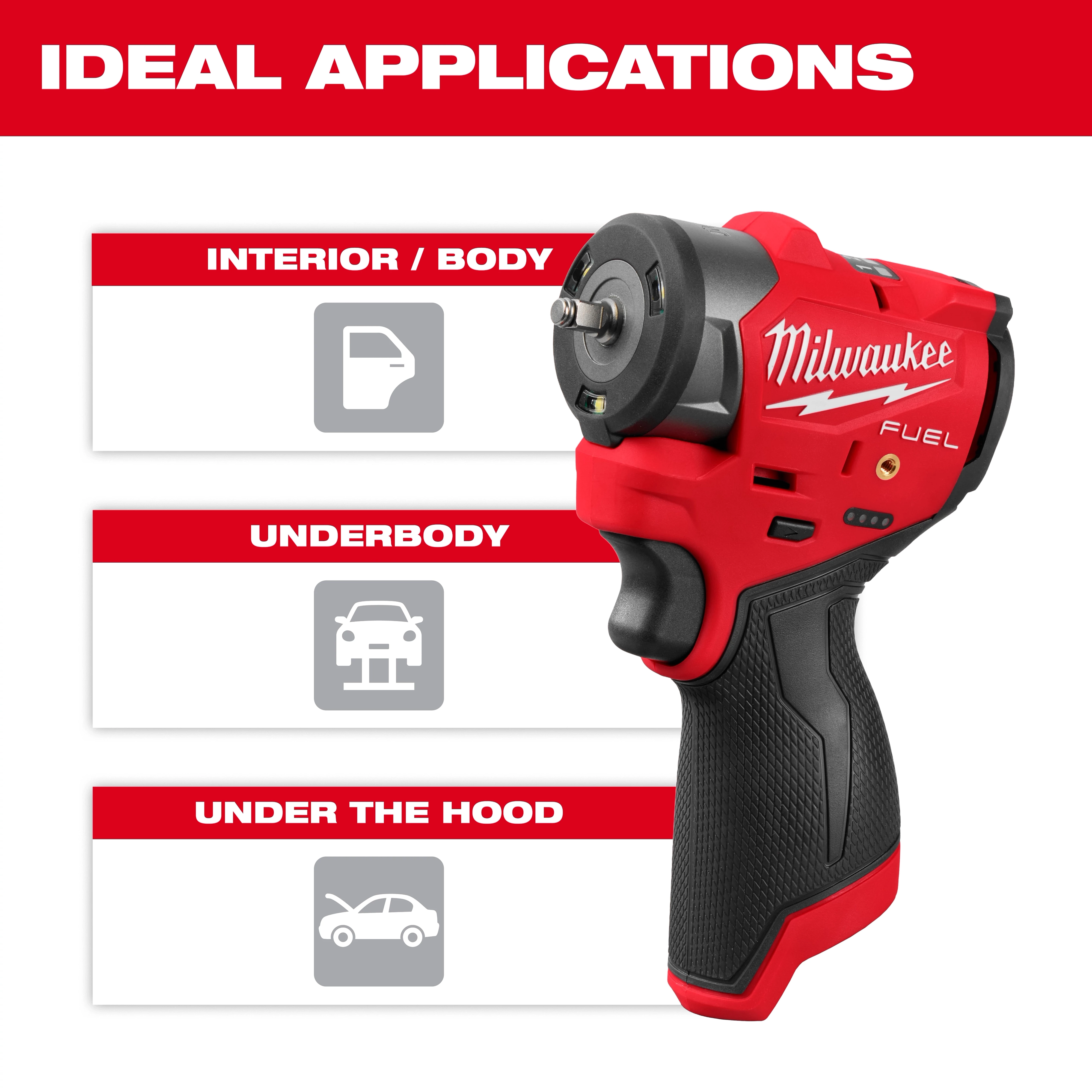 The M12 FUEL™ Subcompact Impact Wrench w/ Friction Ring is shown against a backdrop listing ideal applications. It is suitable for interior/body, underbody, and under the hood tasks.