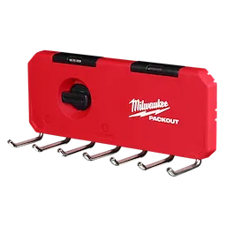 Milwaukee PACKOUT 7-Hook Rack features a red rectangular base with seven metal hooks for tool storage and a secure locking mechanism.