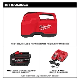 M18 Brushless Refrigerant Recovery Machine kit includes the machine, M18 RedLithium Forge HD12.0 battery, M18 and M12 rapid charger, and two mesh filter screens.