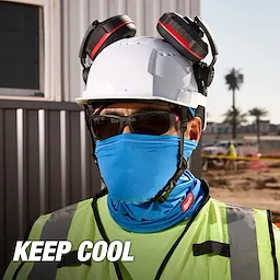 Worker wearing a hard hat with earmuffs, reflective vest, and a blue Cooling Neck Gaiter. Text overlay reads "KEEP COOL".