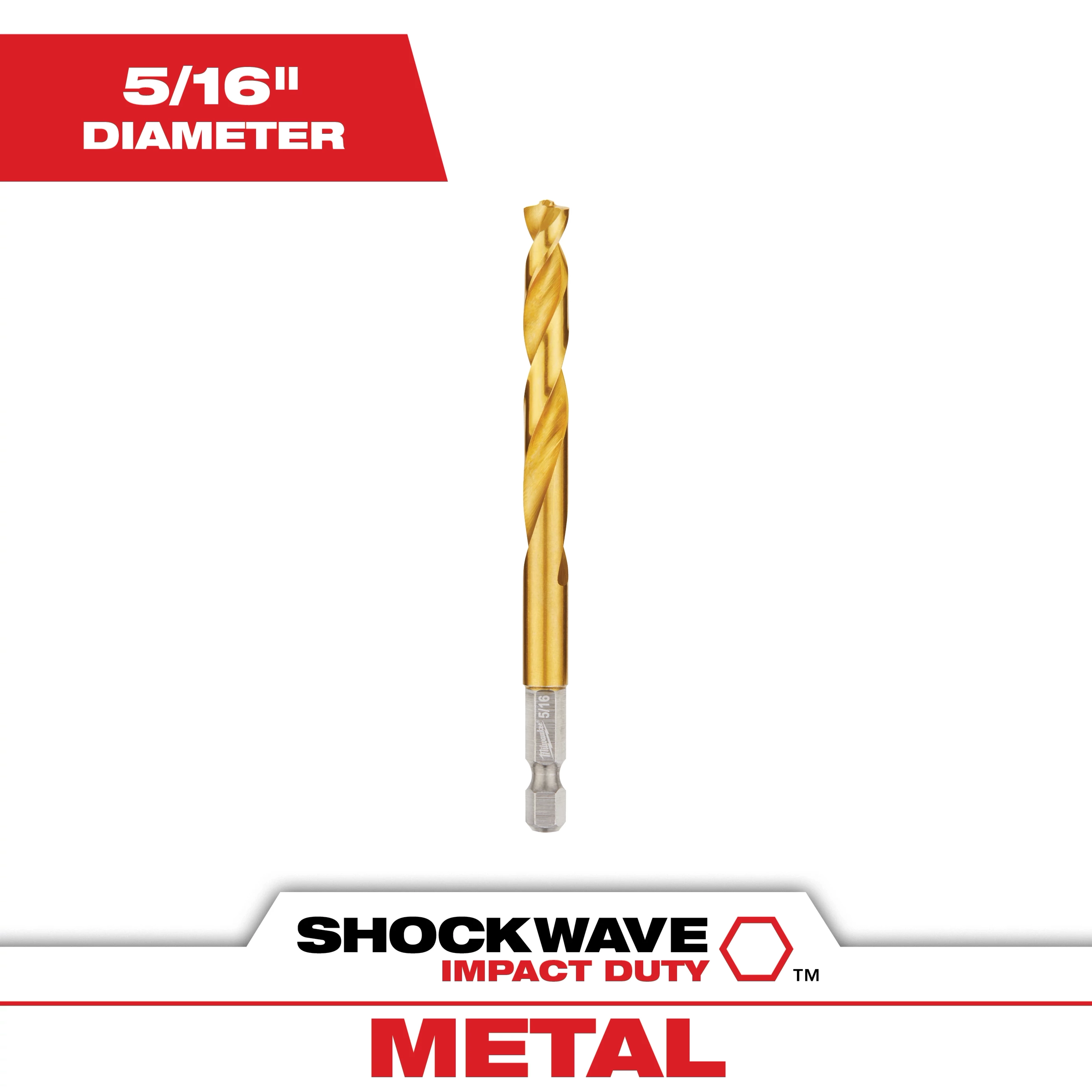 The SHOCKWAVE 5/16 in. Titanium Twist Drill Bit is designed for metal drilling. It features a gold-colored titanium coating and a 1/4-inch hex shank for compatibility with impact drivers.