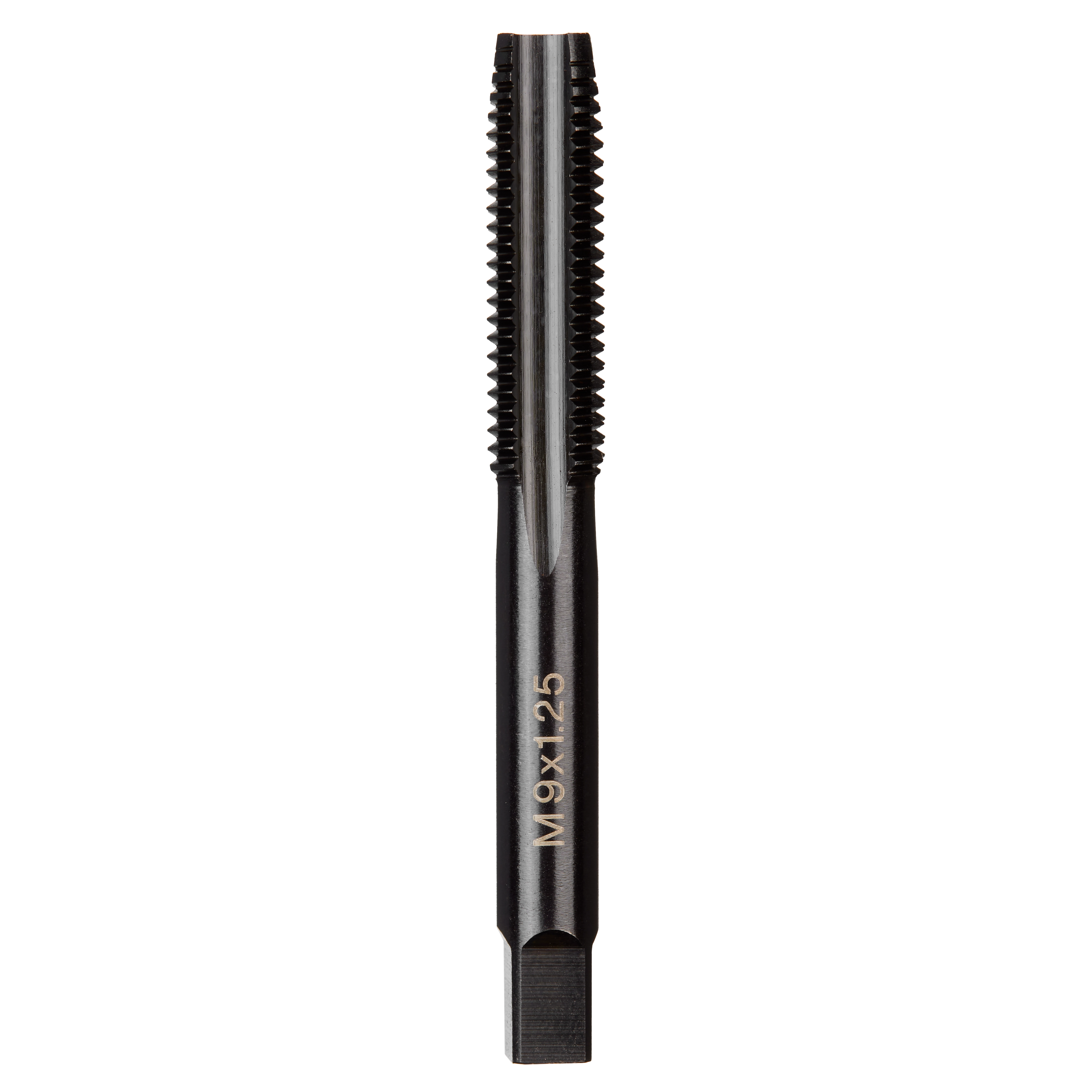 M9-1.25 20mm Straight Flute Plug Tap with a dark, metallic finish and threaded cutting edges for tapping holes.
