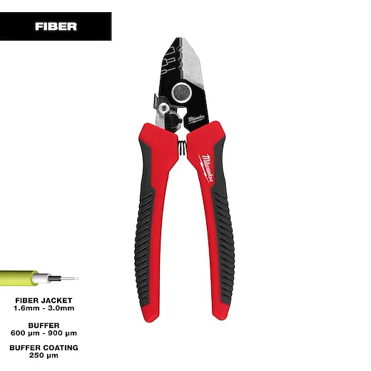 The image shows a Milwaukee Tri-Hole Fiber Stripper with red and black handles designed for stripping fiber jackets, buffers, and buffer coatings of various diameters. Specifications for stripping sizes are also included on the image.