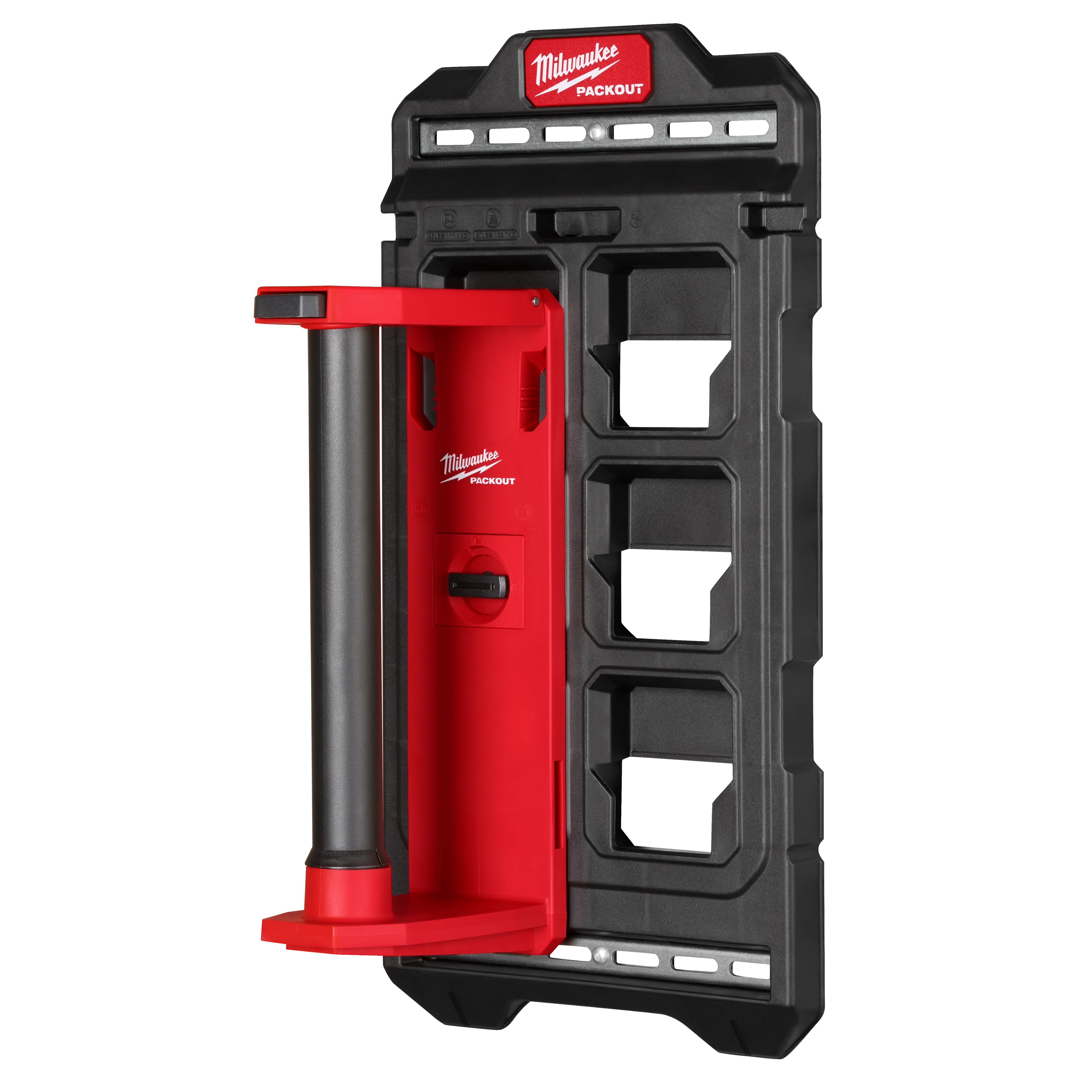 The PACKOUT Compact Wall Plate is black and red with slots for mounting and an integrated holder, branded with Milwaukee.