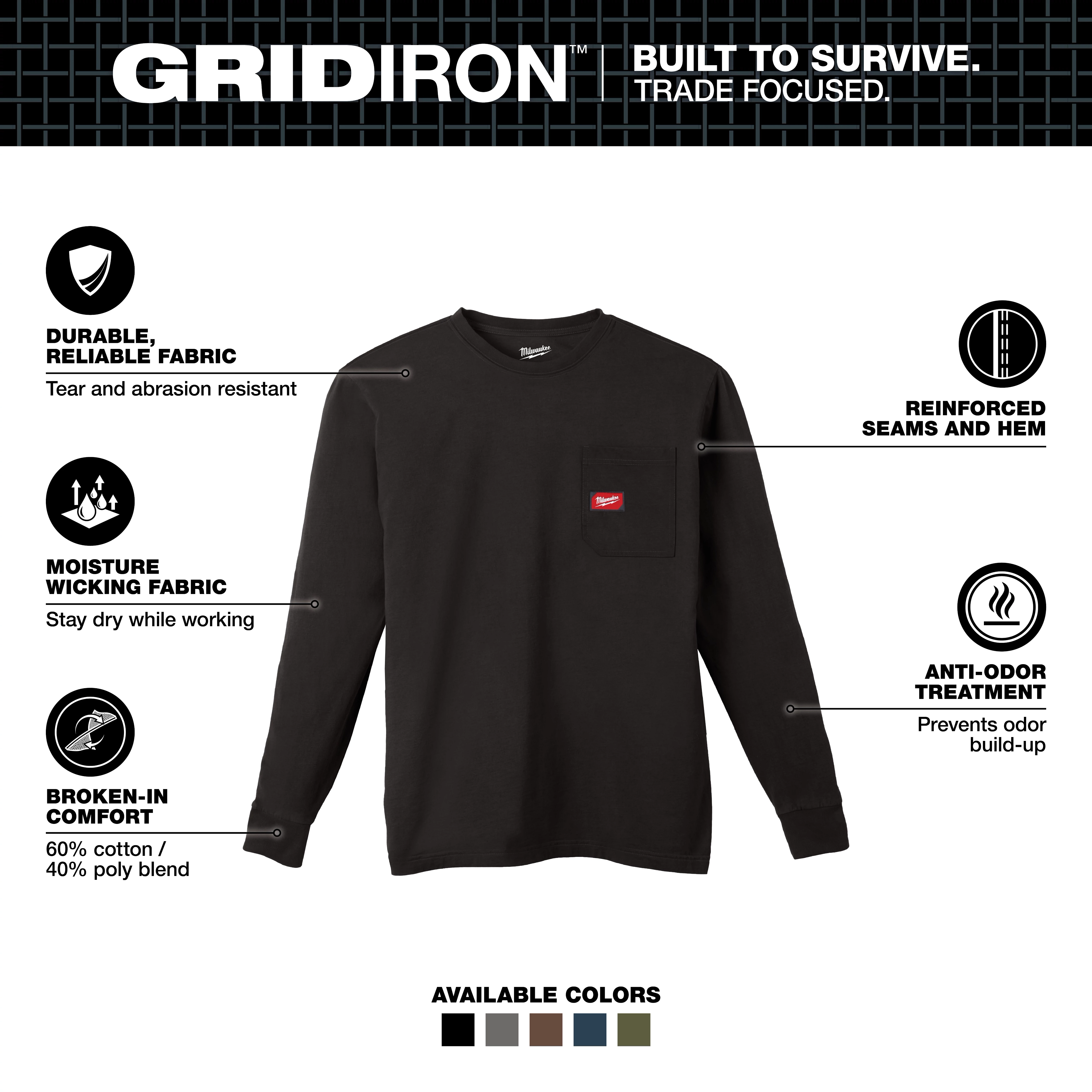 GRIDIRON Pocket T-Shirt - Long Sleeve in black. Features include durable fabric, reinforced seams, moisture wicking, anti-odor treatment, and comfort blend. Available colors shown.