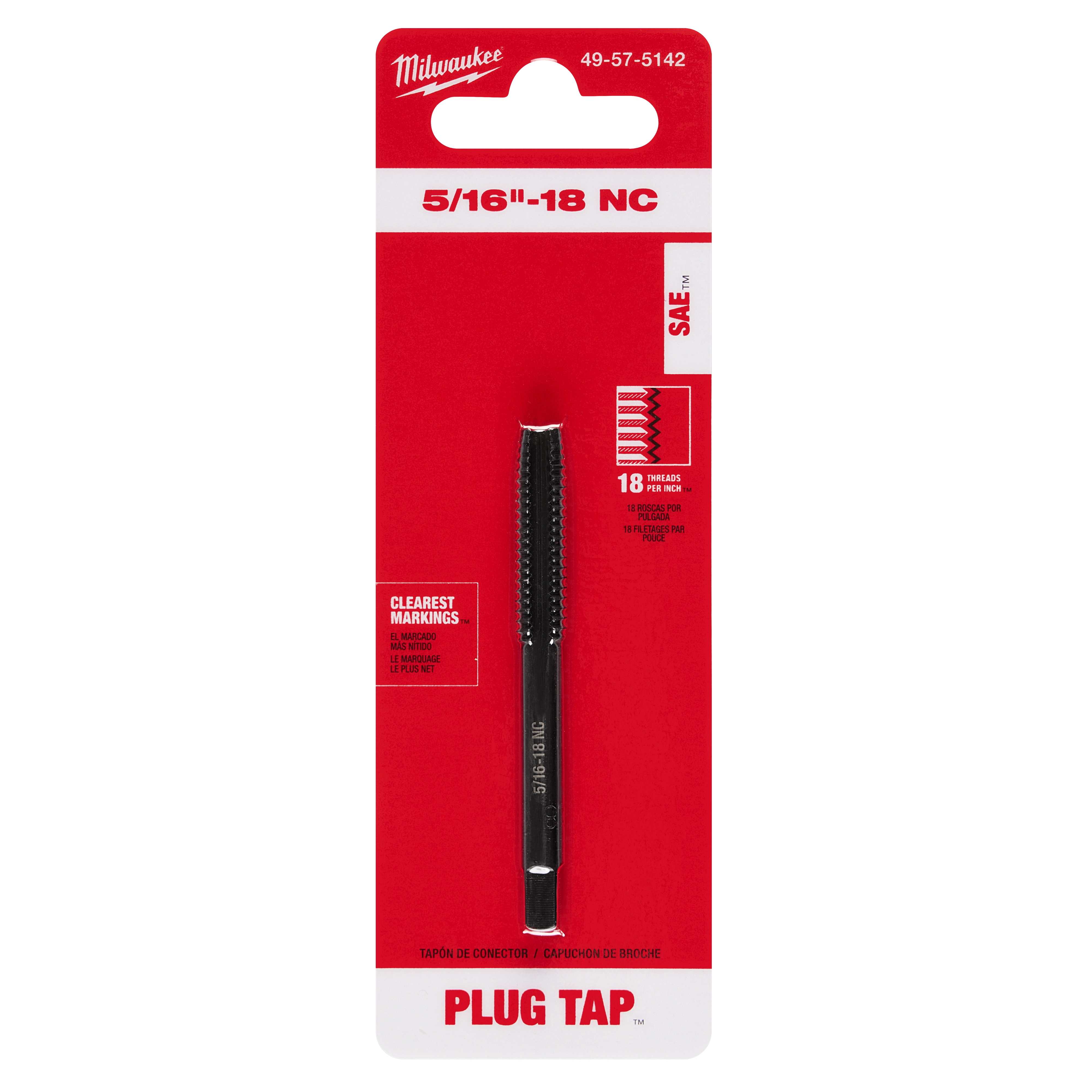5/16"-18 NC Straight Flute Plug Tap in red packaging with black and white text, offering clear markings and 18 threads per inch.