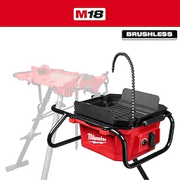 M18 Brushless Pipe Threading Oiler unit with tray, flexible spout, and support frame on a white and red background.