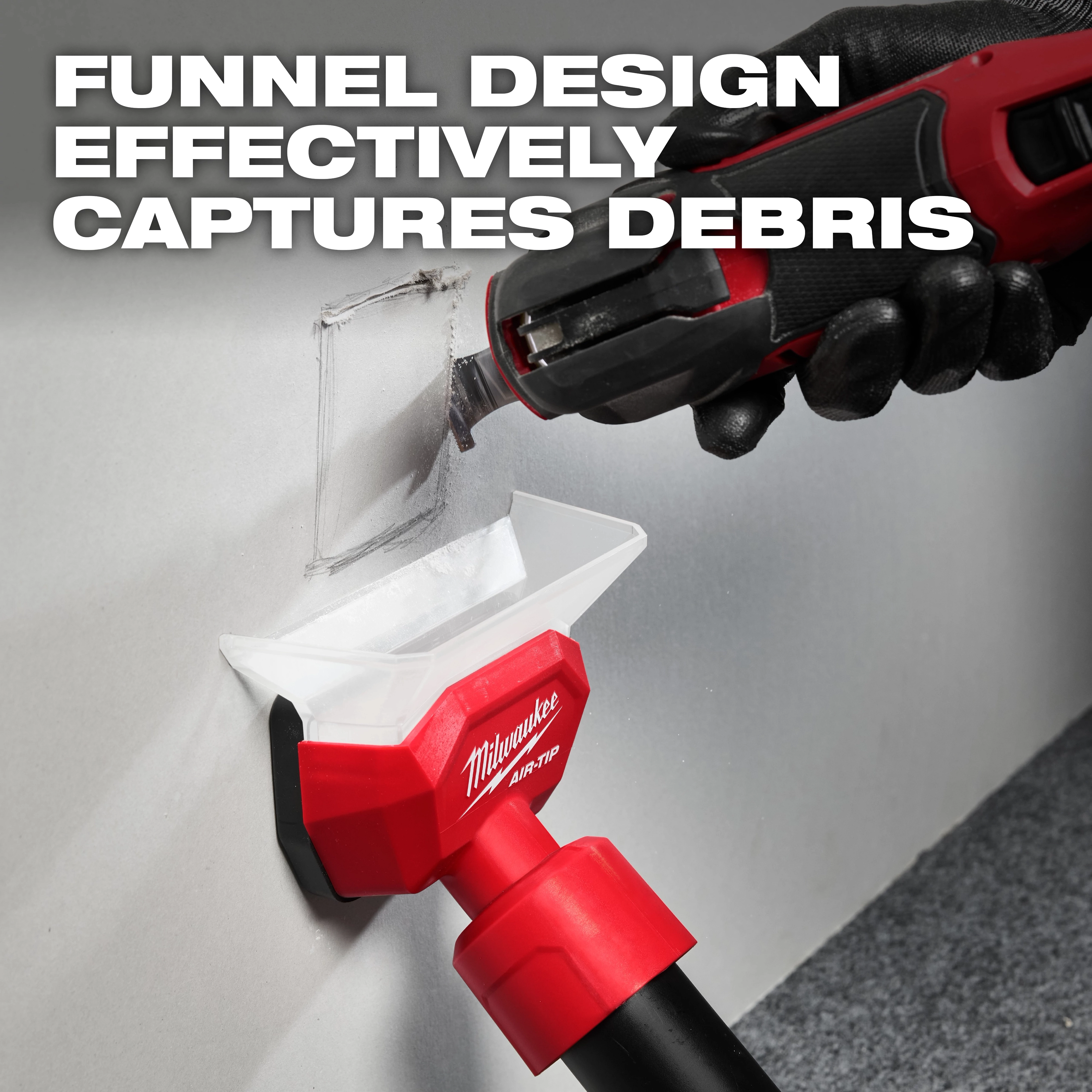 AIR-TIP Compact Dust Collector connected to a power tool, capturing debris from a wall with text "Funnel Design Effectively Captures Debris".