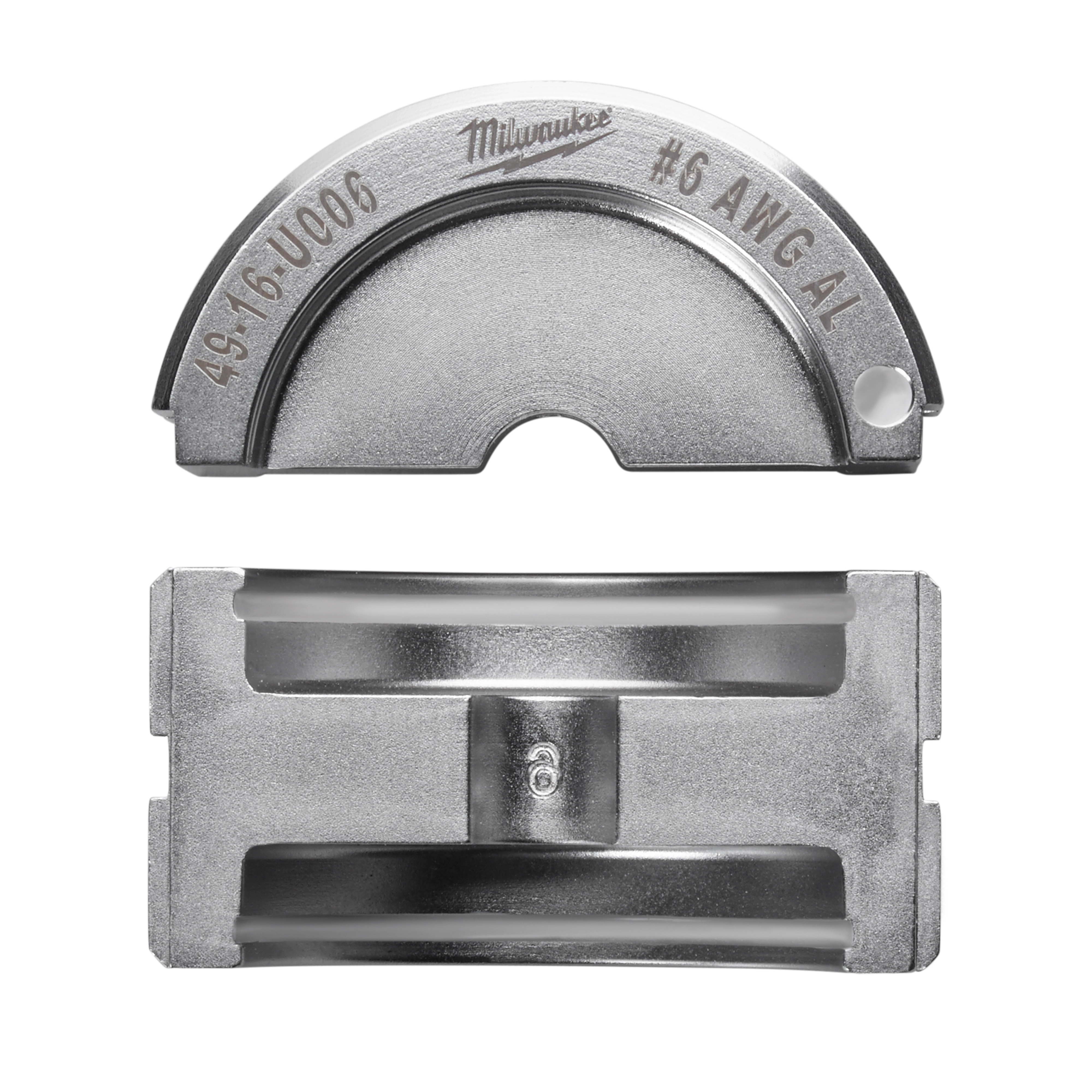 The image shows a metallic #6 Aluminum U Style Die from Milwaukee, with a semi-circular upper piece and a rectangular lower piece. The upper piece is labeled 49-16-U006 and #6 AWG AL. The lower piece has a central screw and two slits.
