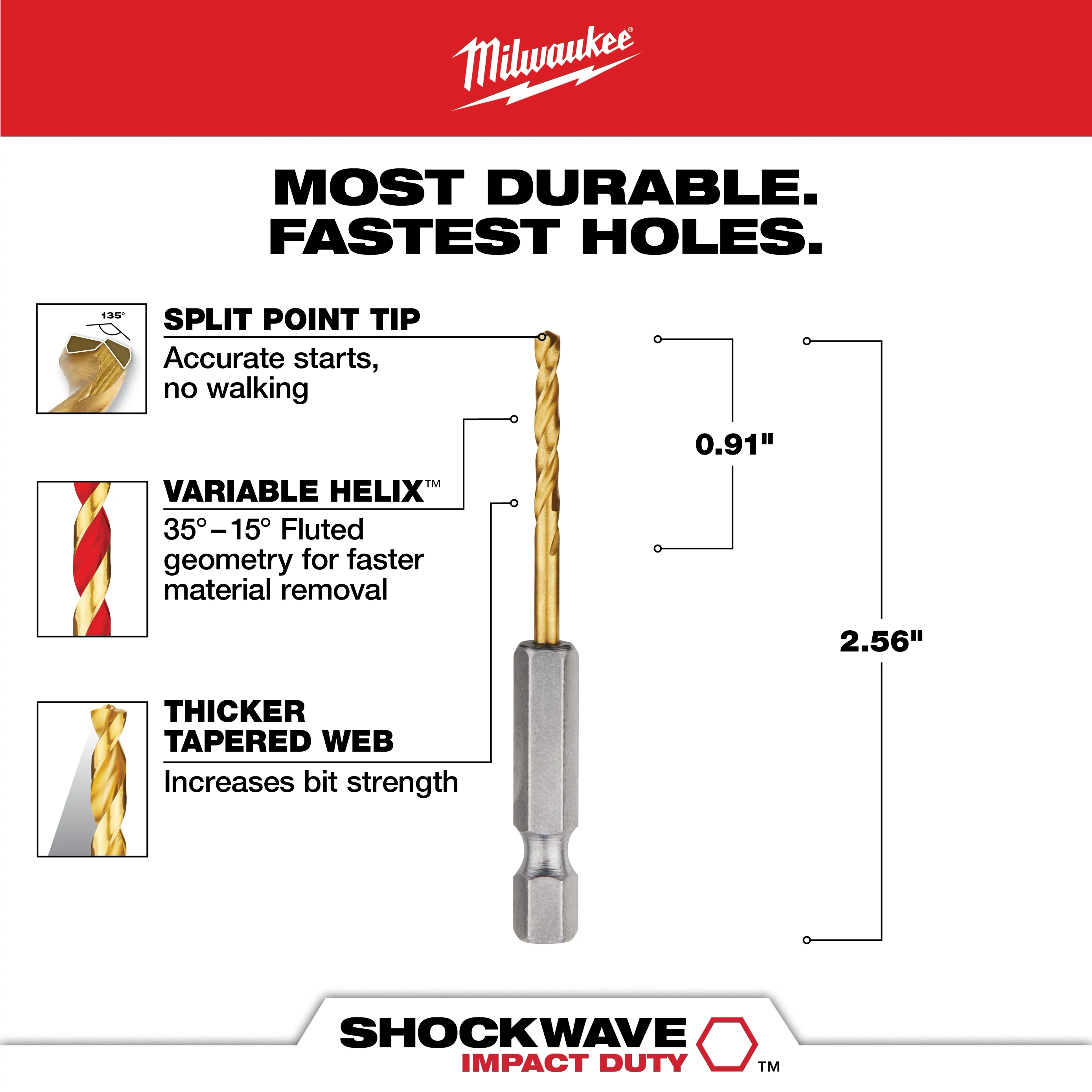 The SHOCKWAVE 7/64 in. Titanium Twist Drill Bit features a split point tip for accurate starts, a variable helix for faster material removal, and a thicker tapered web for increased bit strength. The drill bit measures 2.56 inches in length with a 0.91-inch fluted section.