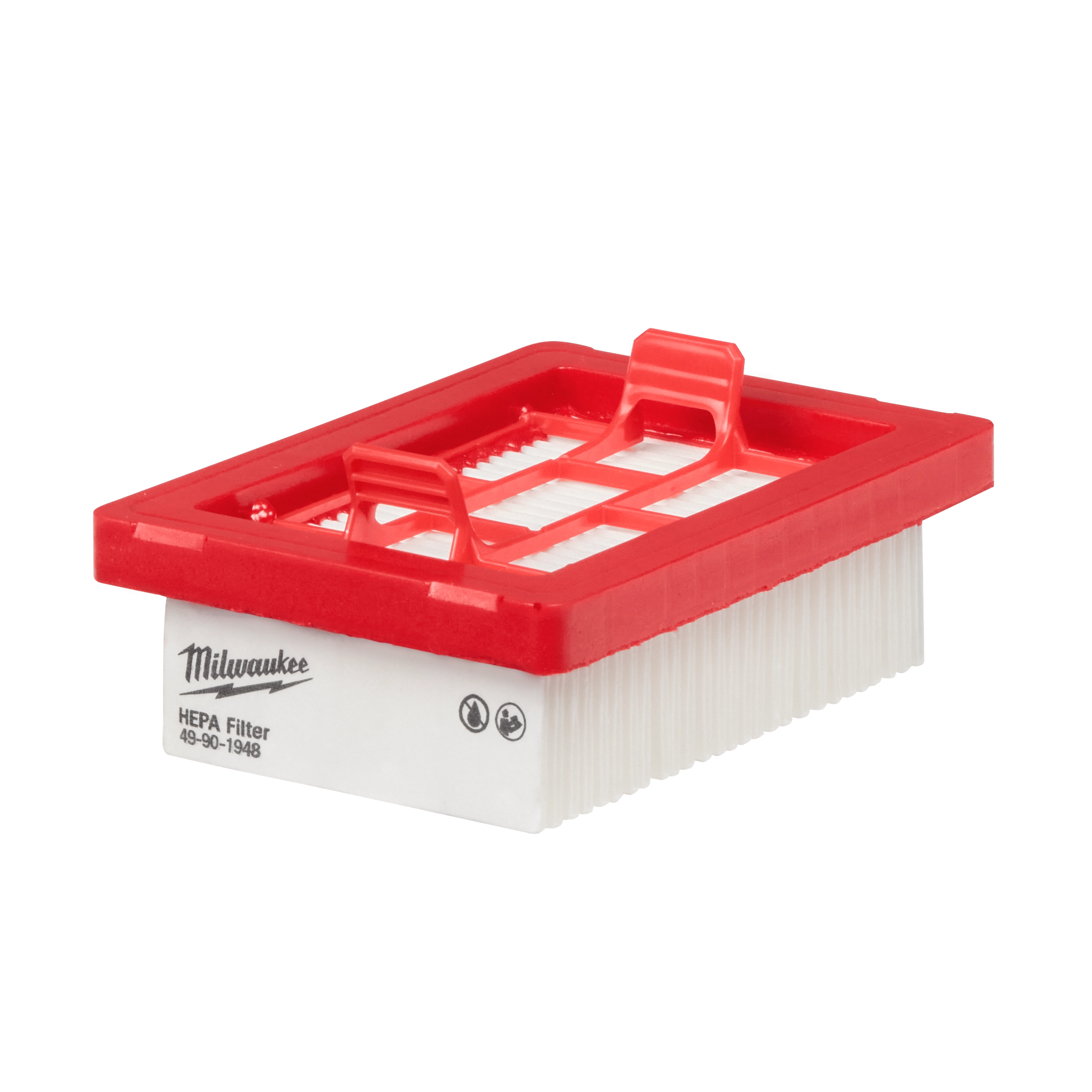 Red and white rectangular Milwaukee HEPA Filter 49-90-1948 with handles on top. The filter has pleated paper material and is designed to trap fine particles. The Milwaukee logo and other symbols are printed on the side, indicating usage and safety information.