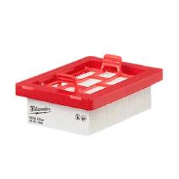 Red and white rectangular Milwaukee HEPA Filter 49-90-1948 with handles on top. The filter has pleated paper material and is designed to trap fine particles. The Milwaukee logo and other symbols are printed on the side, indicating usage and safety information.