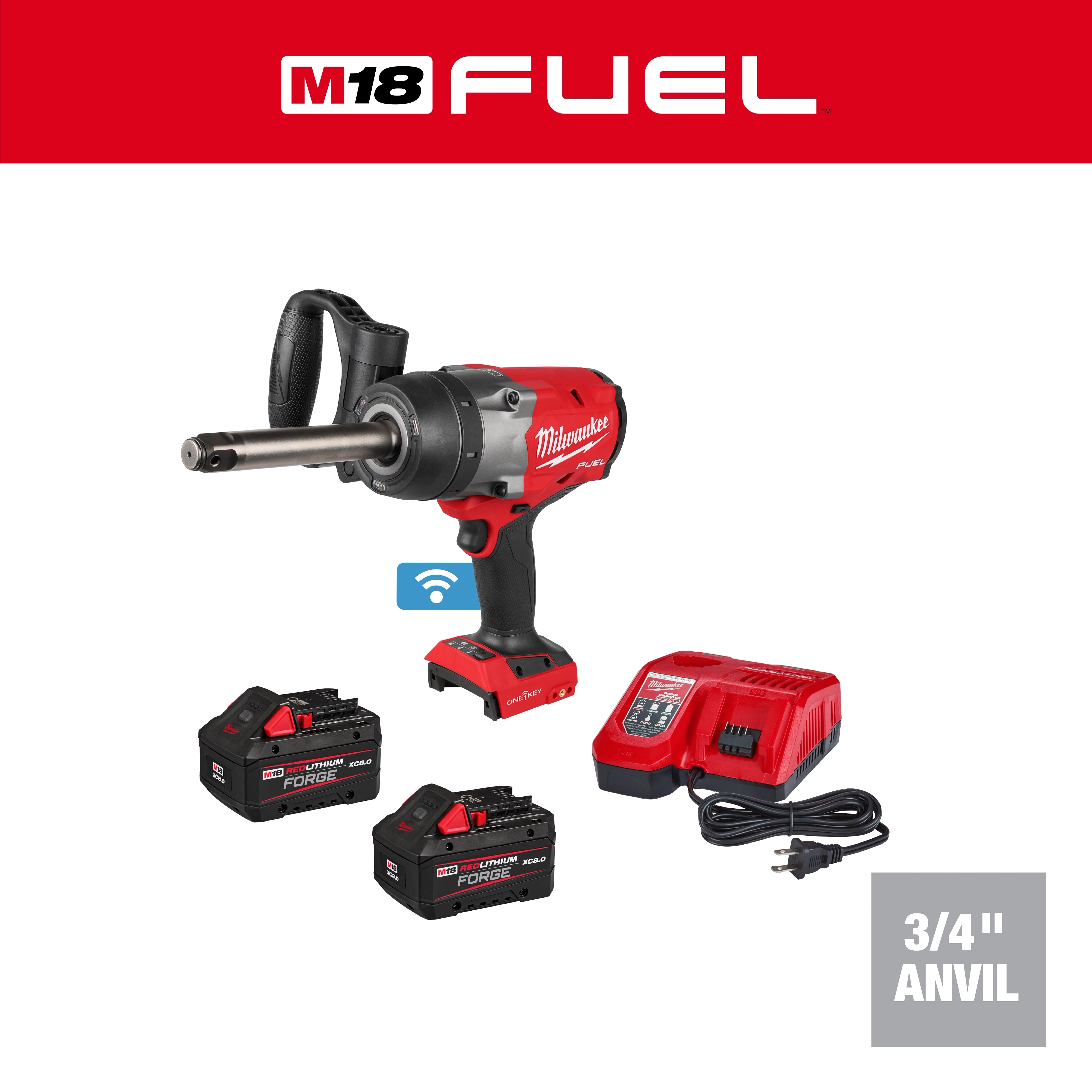 M18 FUEL 3/4" Extended Anvil High Torque Impact Wrench w/ ONE-KEY Kit with two batteries and a charger on white background.