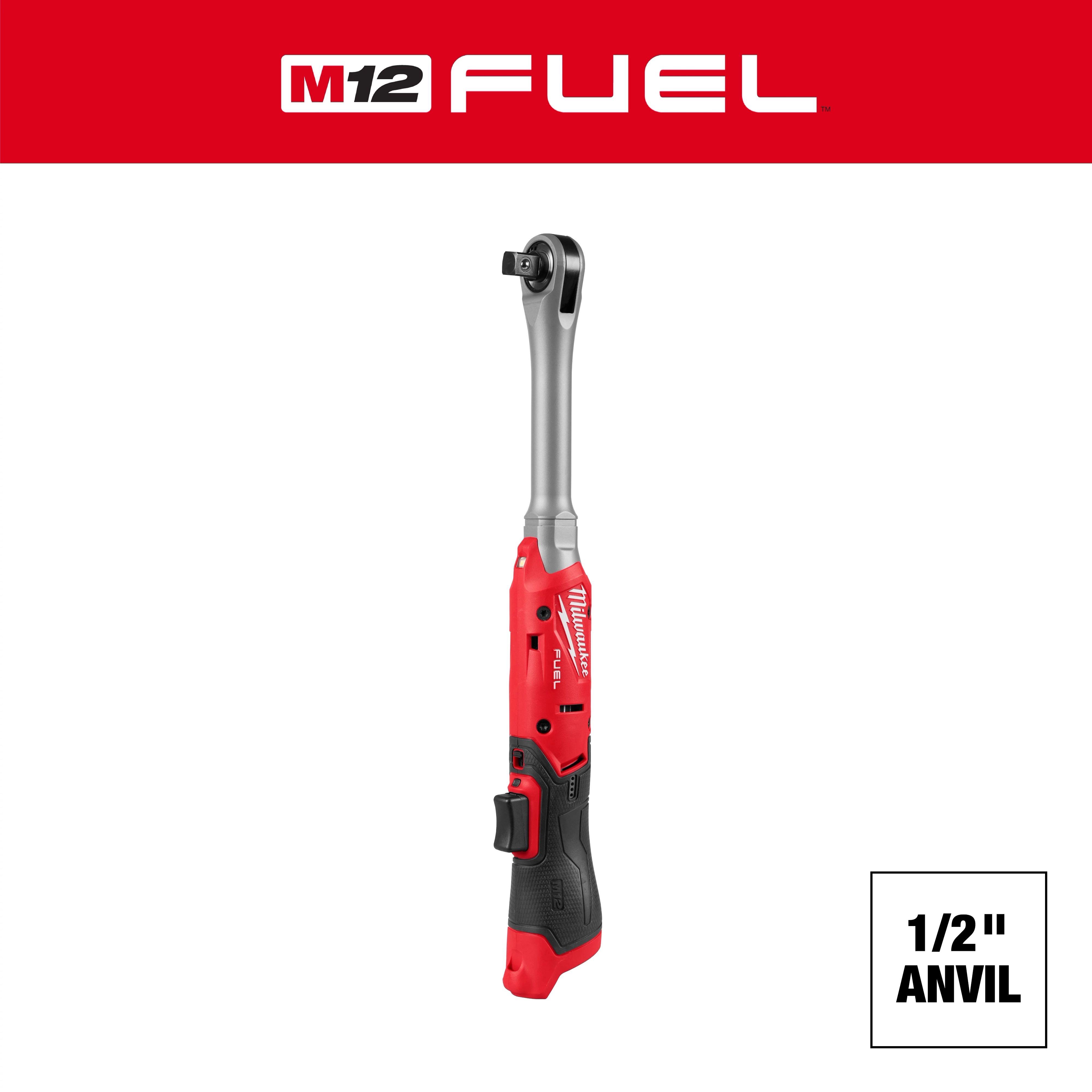 M12 FUEL 1/2" Extended Reach Ratchet standing upright on a plain background with 1/2" anvil label.
