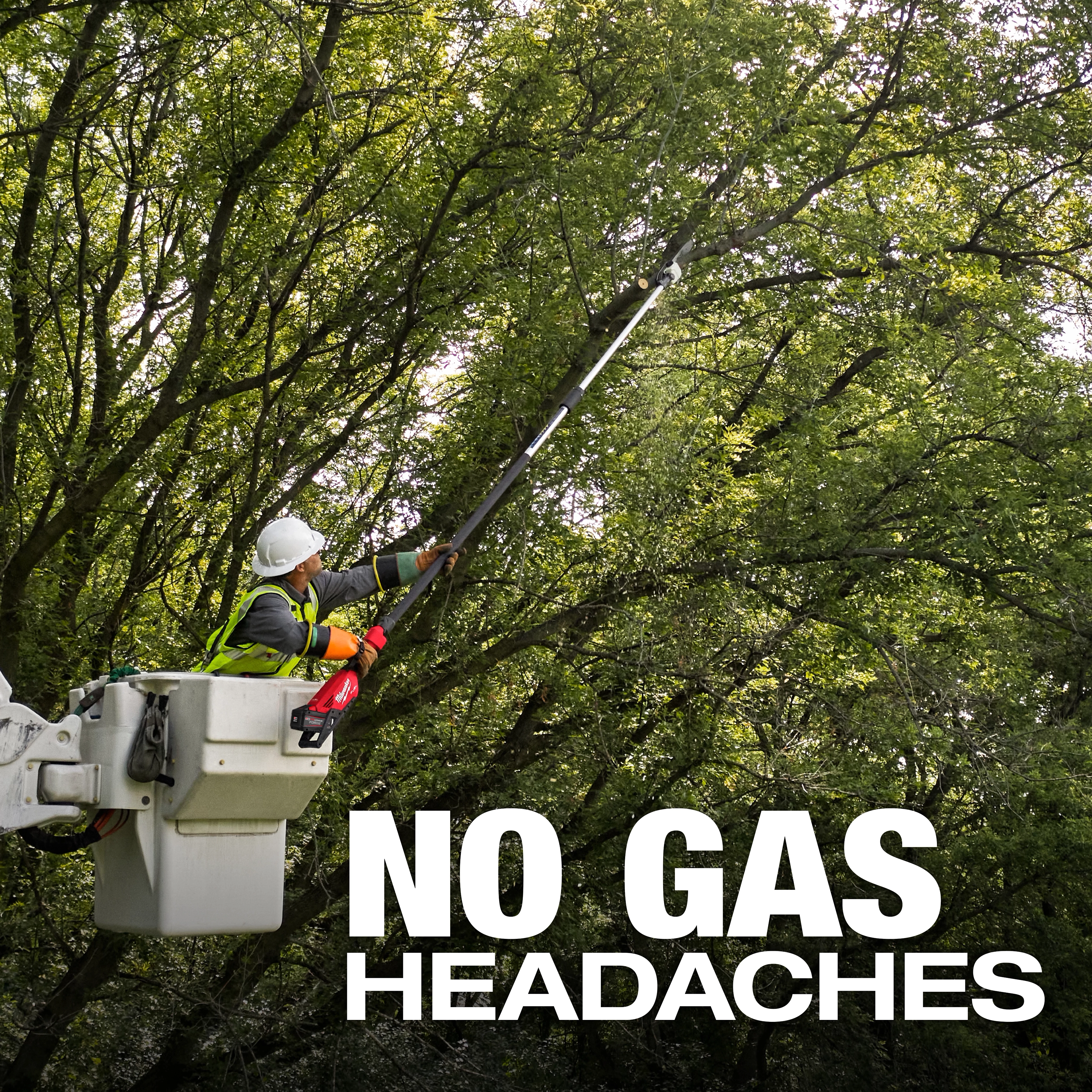 A worker in a bucket truck uses the M18 FUEL™ Telescoping Pole Saw to trim tree branches. The image, set in a wooded area, includes the text "NO GAS HEADACHES" in bold white letters at the bottom.