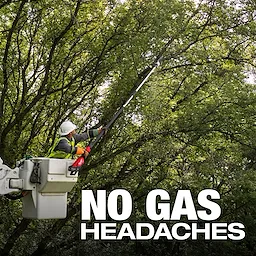 A worker in a bucket truck uses the M18 FUEL™ Telescoping Pole Saw to trim tree branches. The image, set in a wooded area, includes the text "NO GAS HEADACHES" in bold white letters at the bottom.