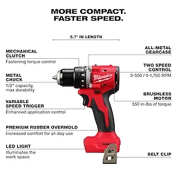 Milwaukee M18 Compact Brushless 1/2" Drill/Driver with all-metal gearcase, variable speed trigger, brushless motor, and LED worklight.