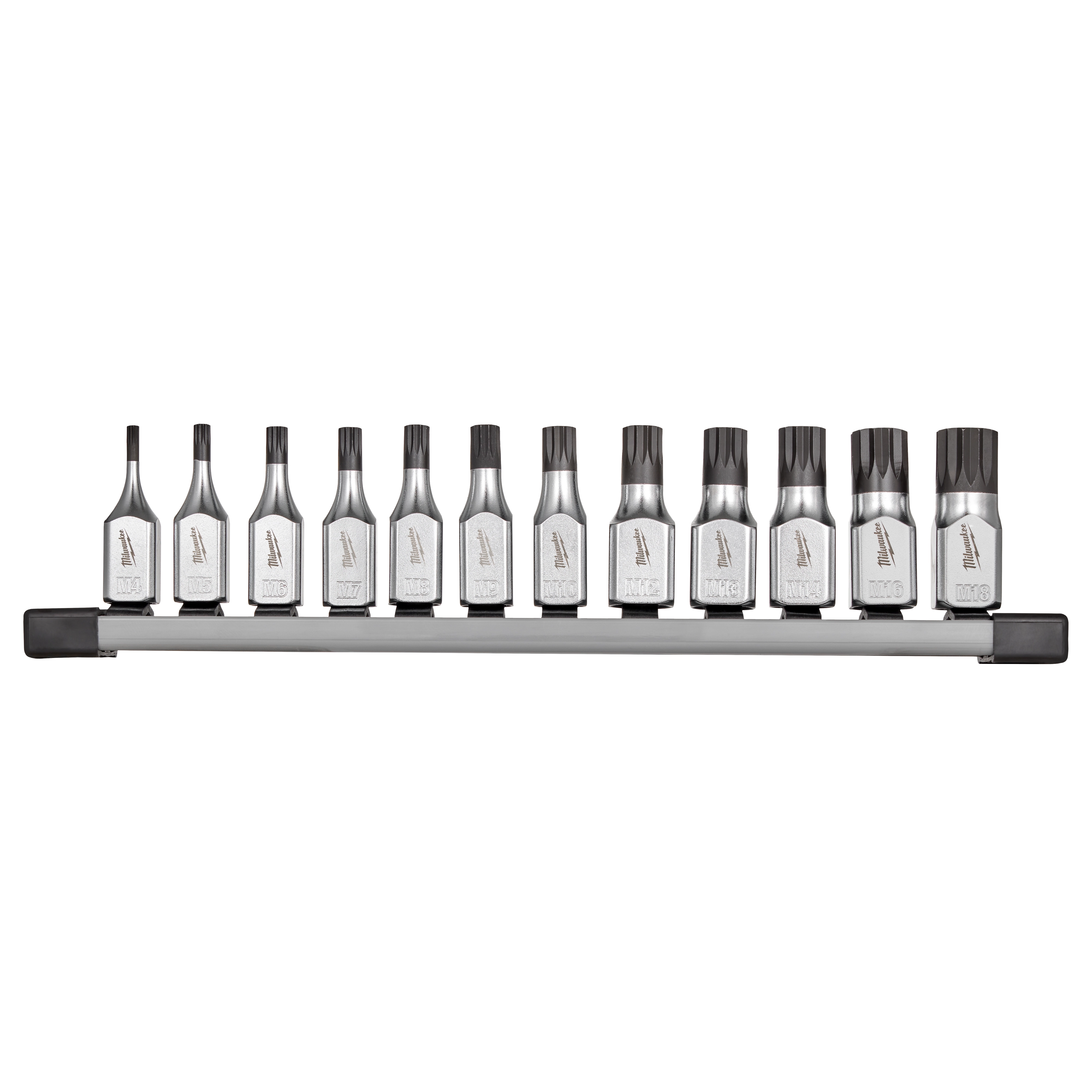 The 12pc 3/8" Drive Triple Square Bit Socket Set includes twelve shiny, chrome-finished bit sockets arranged linearly on a metal rail. Each socket has a different bit size and is labeled accordingly. The bits feature a triple square design for precision use and heavy-duty tasks.