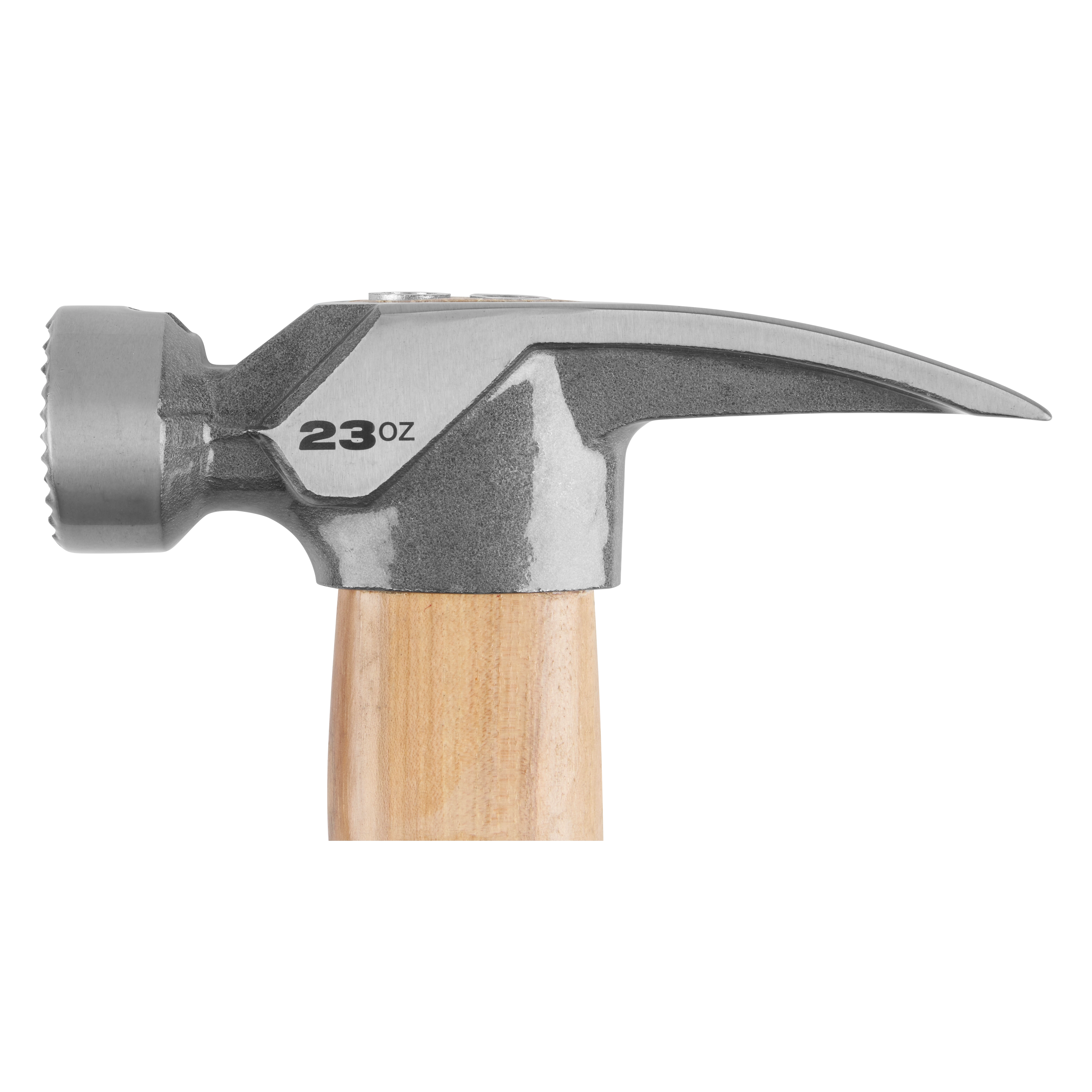 23oz Milled Face Hickory Handle Framing Hammer with a wooden handle and metal head, featuring a textured striking face.