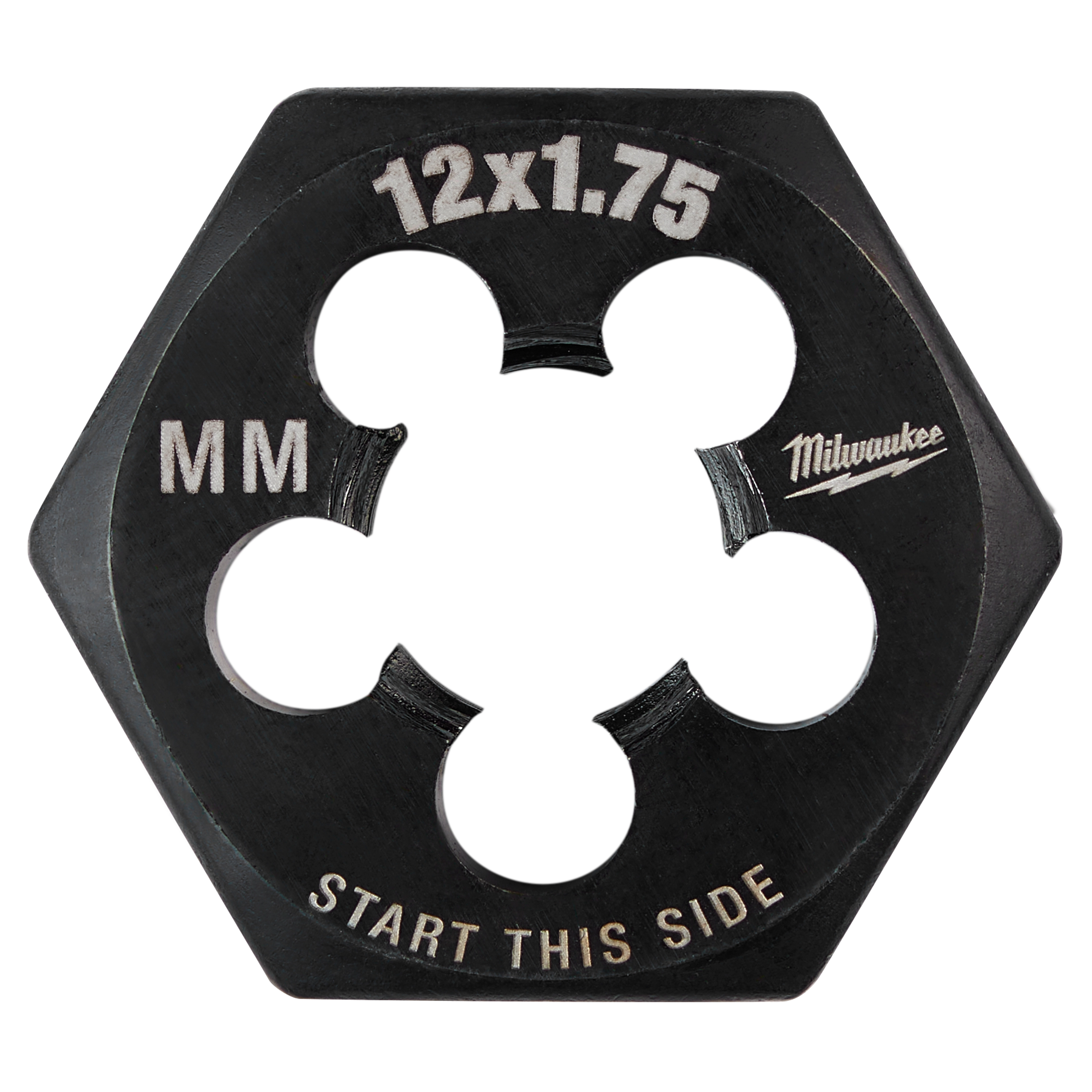 M12-1.75 20mm 1-Inch Hex Threading Die with five-sided design, labeled with "12x1.75," "MM," and "START THIS SIDE."
