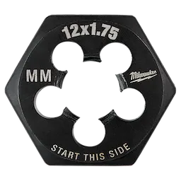 M12-1.75 20mm 1-Inch Hex Threading Die with five-sided design, labeled with "12x1.75," "MM," and "START THIS SIDE."