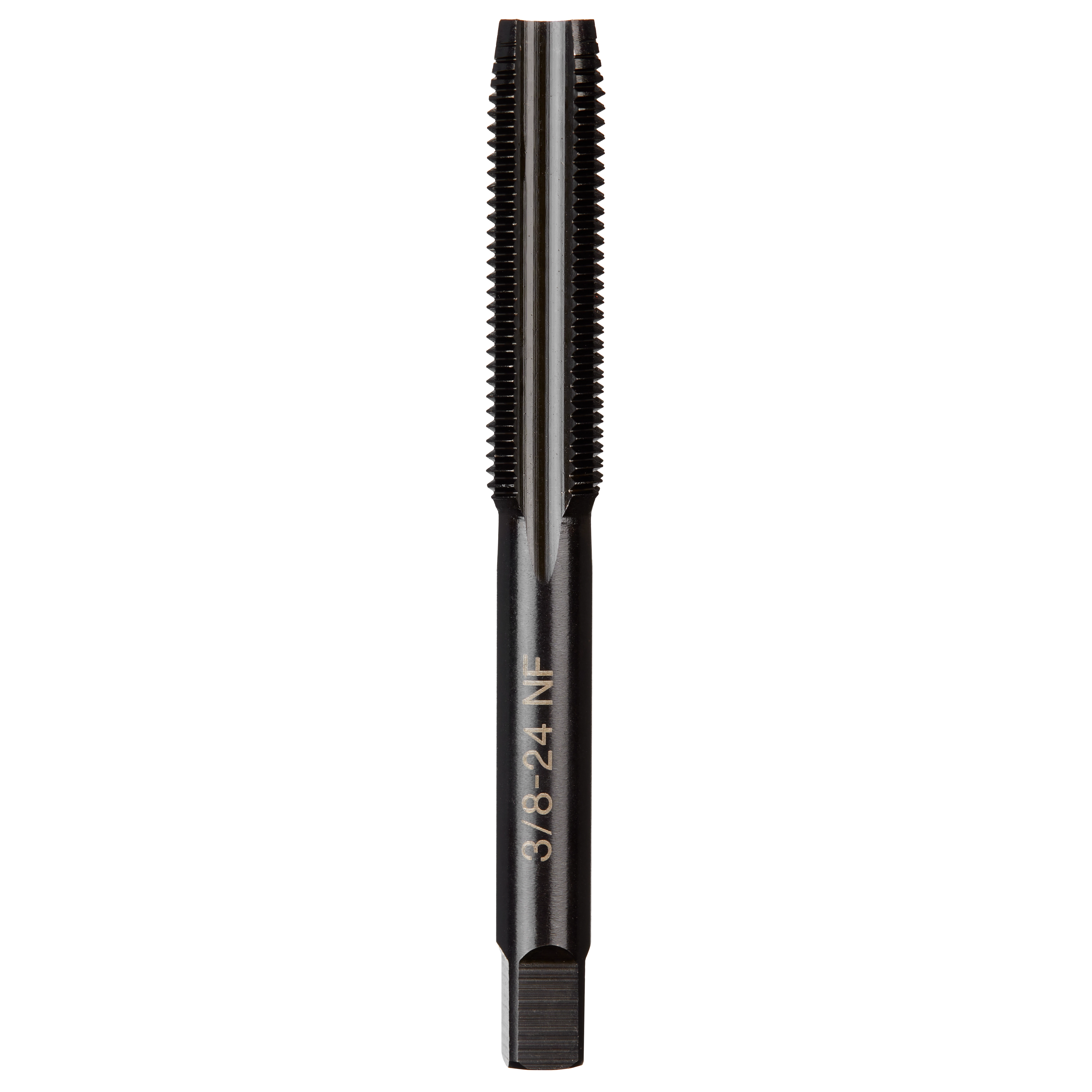 3/8"-24 NF Straight Flute Plug Tap, black metal tool with engraved label, used for threading holes in metal workpieces.