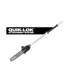 QUIK-LOK Pole Saw Attachment with a long metal pole and chainsaw head on a plain background.