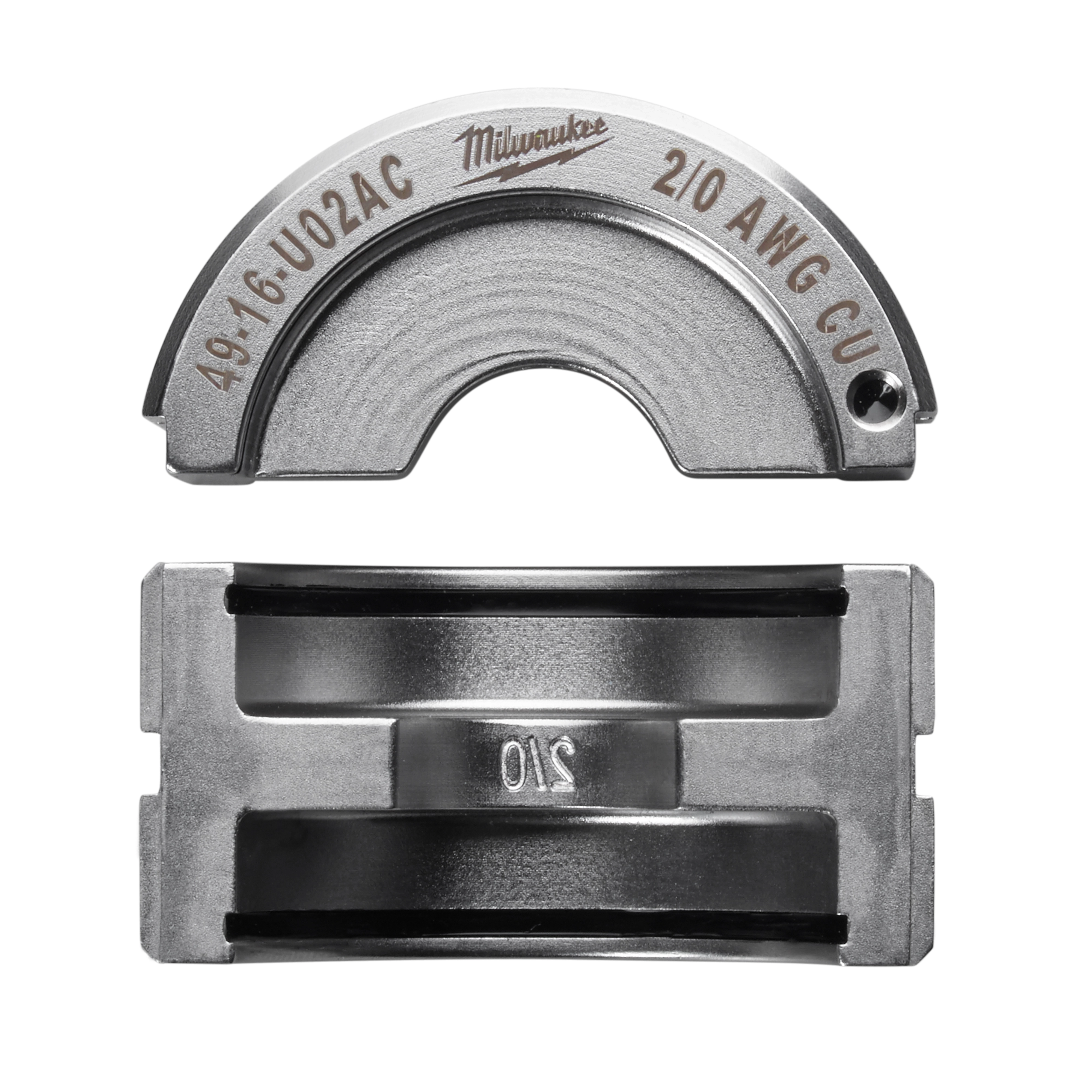 The 2/0 Copper U Style Die is a metallic, U-shaped crimping die designed for 2/0 AWG copper conductors. It features engraved item codes and brand name. The die has a sturdy build suited for heavy-duty electrical applications. The top and bottom parts are shown.