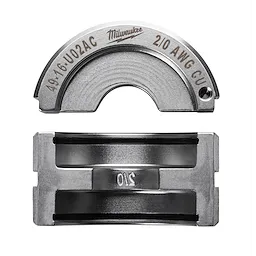 The 2/0 Copper U Style Die is a metallic, U-shaped crimping die designed for 2/0 AWG copper conductors. It features engraved item codes and brand name. The die has a sturdy build suited for heavy-duty electrical applications. The top and bottom parts are shown.