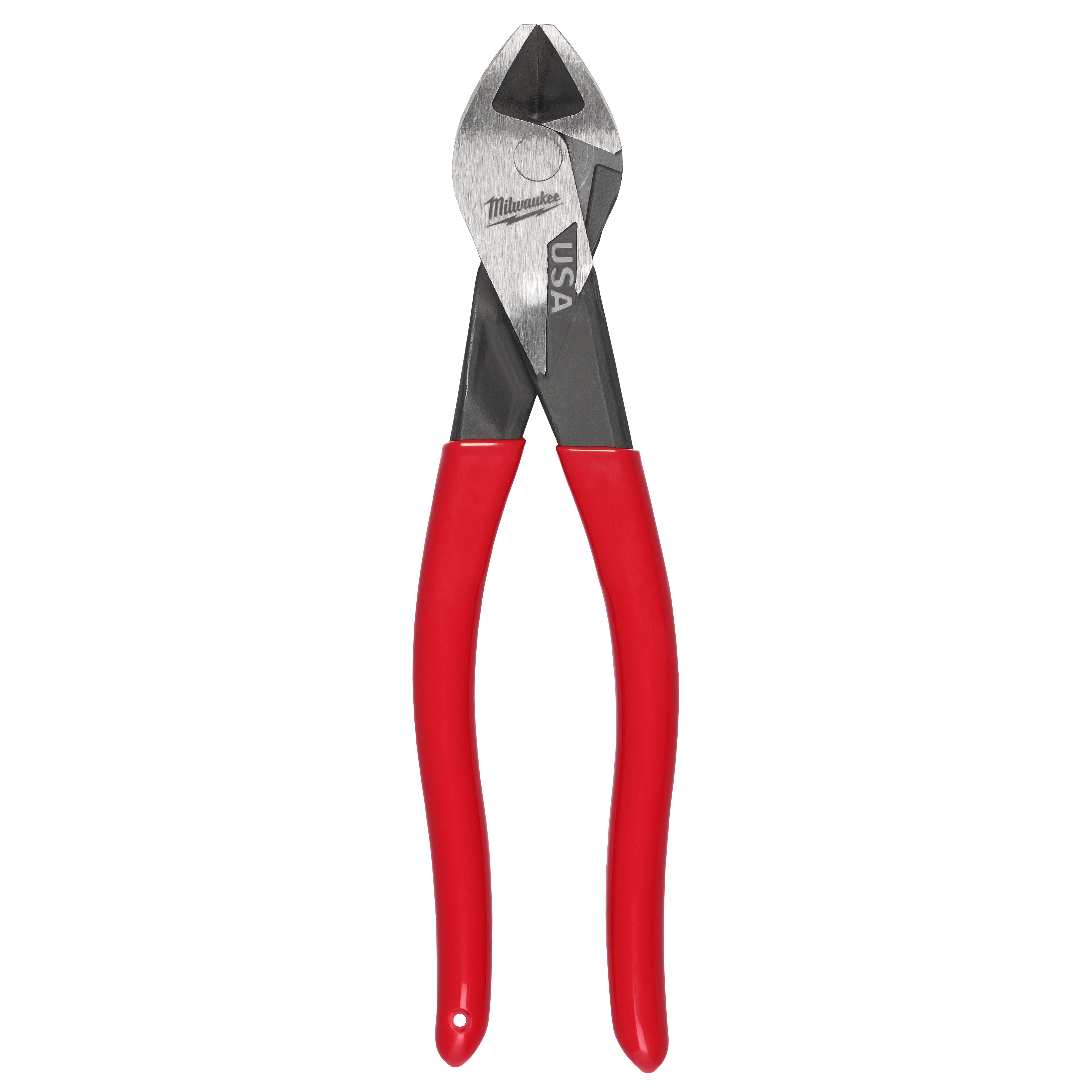 Image of Milwaukee USA diagonal cutting pliers with red handles. The tool features a sharp, angled cutting edge useful for trimming small wires and other materials.