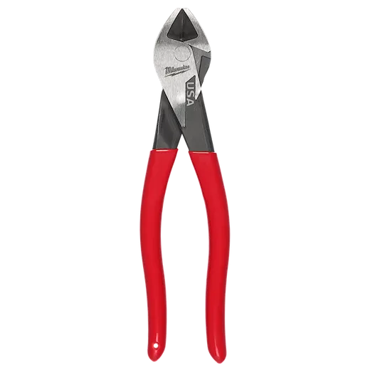 Image of Milwaukee USA diagonal cutting pliers with red handles. The tool features a sharp, angled cutting edge useful for trimming small wires and other materials.