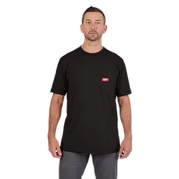 Heavy Duty Pocket T-Shirt in Black, featuring a red logo patch on the left chest pocket, worn by a man.