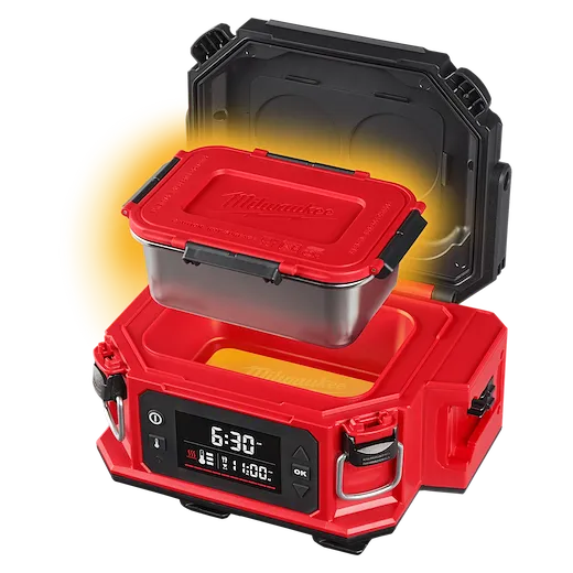 M18 Jobsite Lunch Warmer with open lid, digital display, and a food container glowing inside the main compartment.