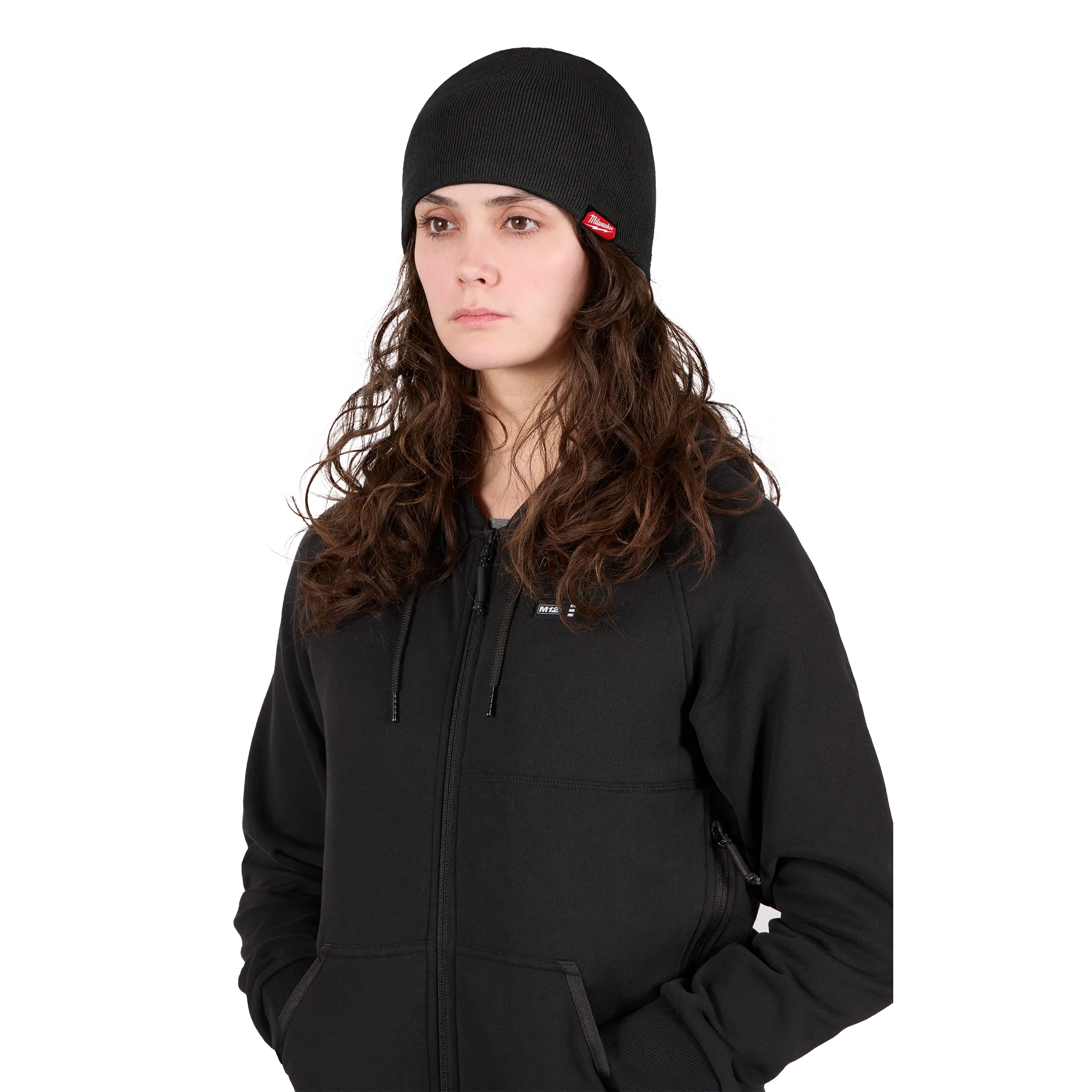 Image of a woman wearing the Milwaukee Fleece-Lined Beanie in black