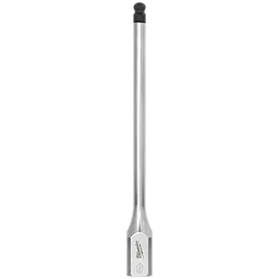 The 3/8" Drive 6mm Long Ball End Hex Bit Socket features a long, slender silver shaft with a black ball end. The socket's base is engraved with the measurement "6mm" and a brand logo, suitable for precision work in tight spaces.