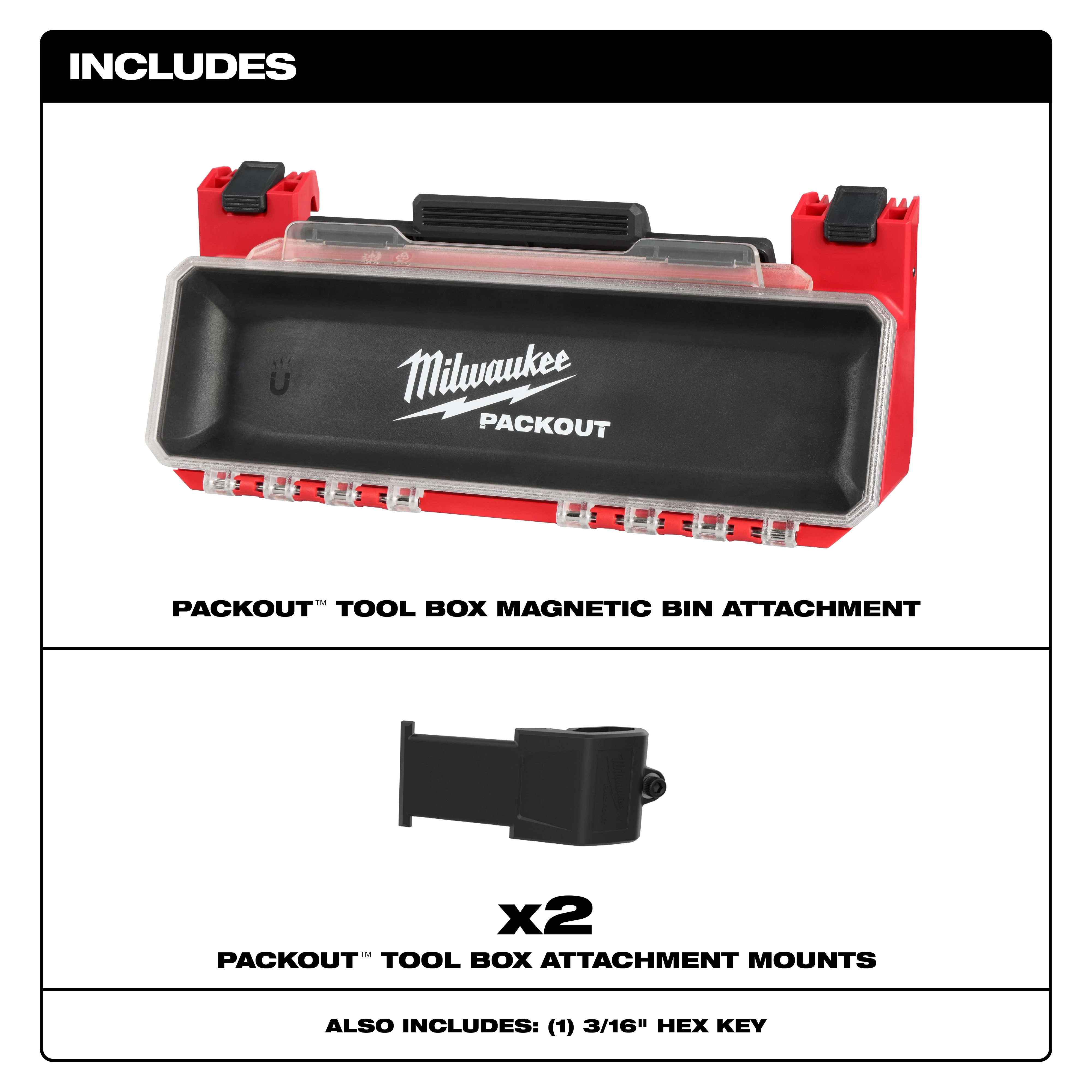 PACKOUT Tool Box Magnetic Bin Attachment set includes a black and red magnetic bin, two black attachment mounts, and a 3/16" hex key.