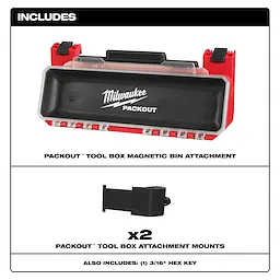 PACKOUT Tool Box Magnetic Bin Attachment set includes a black and red magnetic bin, two black attachment mounts, and a 3/16" hex key.