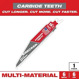 Milwaukee Wrecker Multi-Material Saw Blade features carbide teeth, measuring 6 inches with 6 teeth per inch. The blade is designed to cut longer, cut more, and cut faster. This image highlights the blade’s packaging and key features, including its durability and versatility. Sold in a 1-pack.