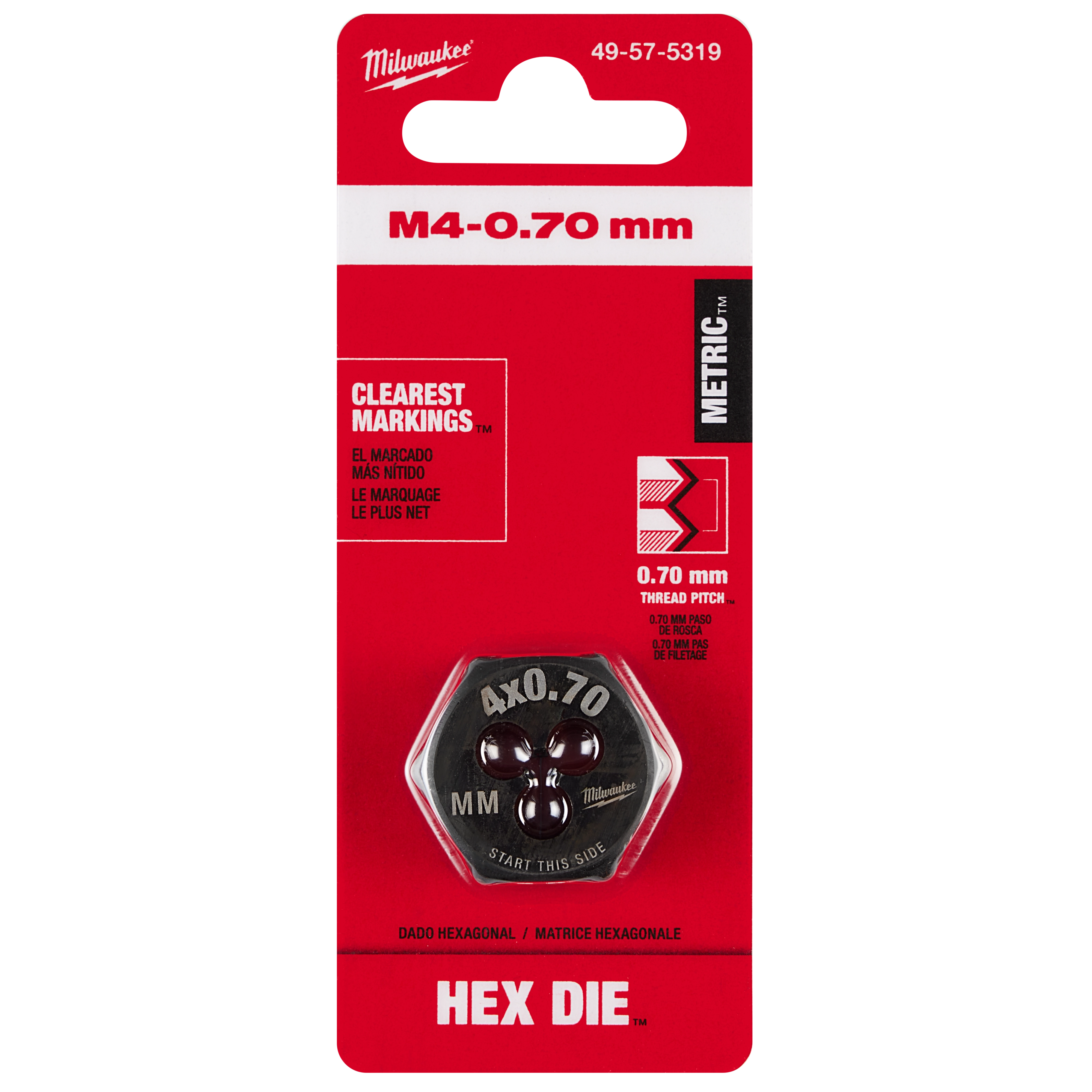 M4-0.70 mm 20mm 1-Inch Hex Threading Die in black with clear markings, packaged in a red and black card with product details.